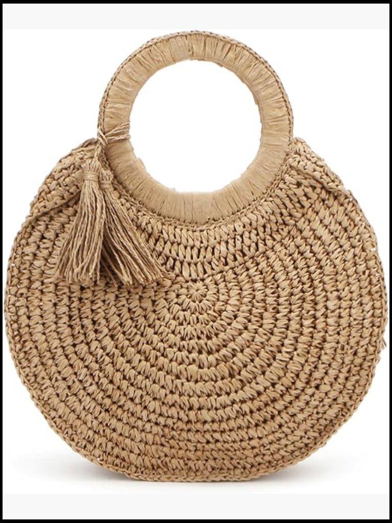 Handwoven Paper Straw Tote Bag Round Boho Beach Purse With Tassel